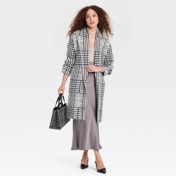 Plaid Open-Front Cardigan A New Day XS S Coat Coatigan Sweater Black Gray White - Picture 3 of 5